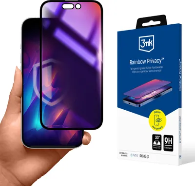 A hand holding a smartphone with a privacy screen protector applied, next to the product packaging.