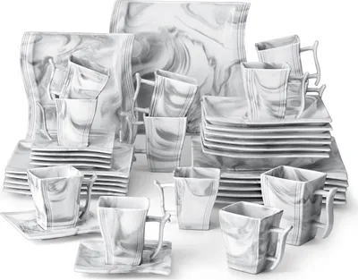 Obrázek produktu pro MALACASA 36 ks Stolní servis, sada porcelánového nádobí z mramoru, kombinovaný servis s šálkem, podšálkem, dezertním talířem, polévkovým talířem, jídelním talířem, hrnkem