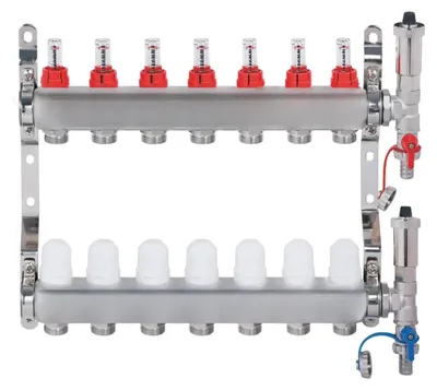 Immagine prodotto di Collettore per riscaldamento a pavimento in acciaio inox con flussimetri Hydroland ROZDZ.07SS, 7 circuiti, 1"