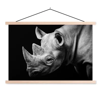 Produktbild von MuchoWow® Textilposter Tiere - Nashorn - Schwarz - Weiß - Porträt 60x40 cm mit holzfarbenen Rahmen - Bilder