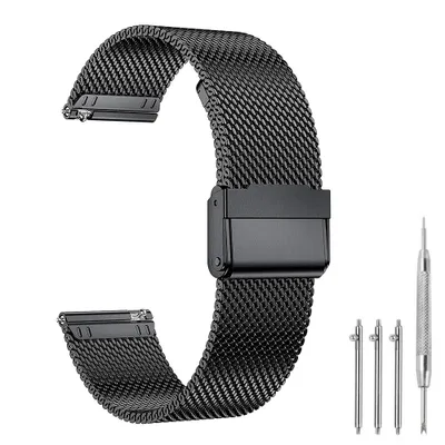 Produktbild von 22mm Schwarz Edelstahl Armband mit Maschenstruktur, Sicherheitsverschluss, Schnellwechselgurt für Damen und Herren