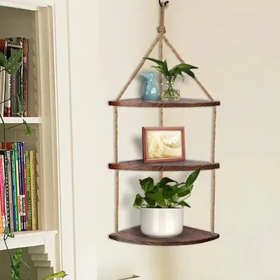 Produktbild von FATIVO Hängeregal Wandregal Vintage Holz mit Seil, Eckregal Schweberegal, stabiles Wandboard für Wohnzimmer, Küche, Bad