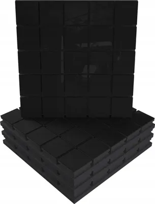 Produktbild von 4 Stück AKUSTIK-WANDPANEELE mit Montageset | "GRID" 50x50x5cm | Absorption und Diffusion | Farbe: Schwarz glänzender Kunststoff