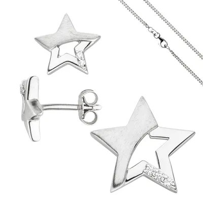 Produktbild von Schmuck-Set Stern 925 Sterling Silber mit Zirkonia und Kette 45 cm