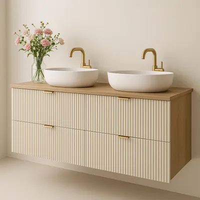 Produktbild von WENA Waschtischunterschrank 120 cm, geriffelte Fronten, Griffe aus Metall in der Farbe Gold (Farbe: Kaschmir / Eiche)