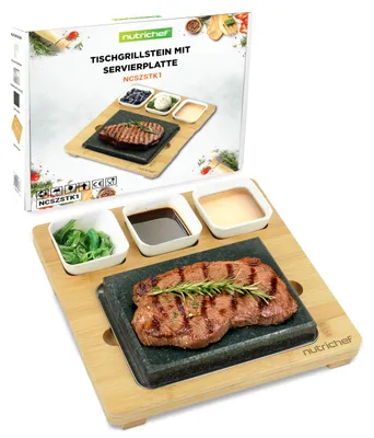 Immagine prodotto di NutriChef Piastra grill in pietra calda – Set grill da tavolo con bambù e Vetroceramica Ideale per bistecche e cene - Set da cucina in granito naturale