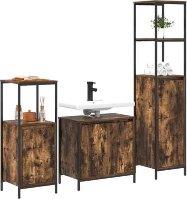 Productafbeelding van Badkamermeubelset 3 pcs Gerookt Eiken en Zwart Bewerkt hout