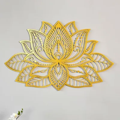 Produktbild von Metallene Wanddekoration, Mandala-Stil, Lotusblume, minimalistisch, Zen, für den Innenbereich (43 x 27,5 cm, Gold)