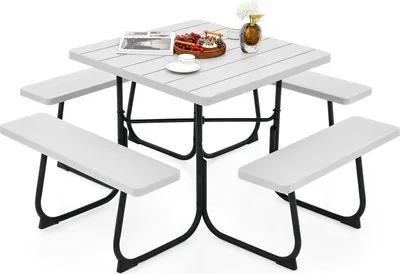 Produktbild von COSTWAY Sitzgarnitur für 8 Personen, Gartenmöbel mit Schirmloch & 4 Bänken, Gartentisch Weiß