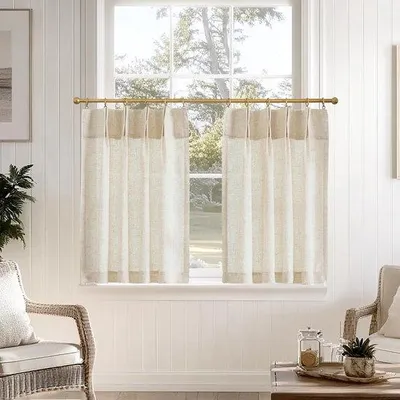 Image de Ibenzoa® Ensemble de rideaux, 2 rideaux courts semi-transparents pour fenêtres de cuisine et portes-fenêtres, aspect lin, style rustique, dimensions : 65 x 60 cm chacun