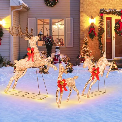Produktbild von GOPLUS LED Rentier 3tlg, beleuchteter Weihnachtshirsch aus Metall in Gold mit 255 warmweißen Lichtern, Weihnachtsdekoration Rentier für Außen & Innen