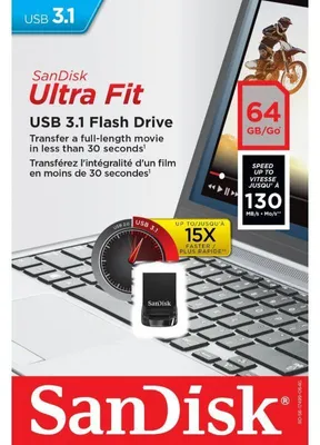 Zdjęcie produktu dla SanDisk Ultra Fit, 64 GB, USB Typu-A, 3.2 Gen 1 (3.1 Gen 1), 130 MB/s, Bez zatyczki, Czarny