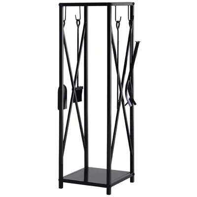 Image de Outsunny Porte bûches - Range bûches Serviteur de cheminée Colonne - Multi Accessoires dim. 34L x 34l x 111H cm métal Noir