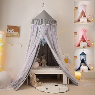 Produktbild von Doppelschicht Baldachin Kinderzimmer Baby Betthimmel Riesig Betthimmel Kinder Himmelbett Vorhänge Prinzessin Insektennetz Moskitonetz für Spiel Grau