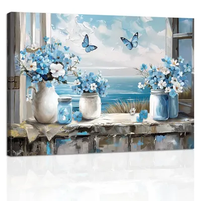 Productafbeelding van Solidchoice - Canvas Wanddecoratie met Bloemen en Zeezicht 40x60cm