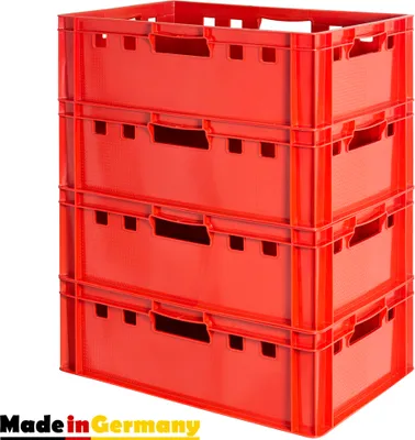 A stack of four red plastic crates.