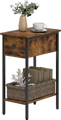Produktbild von Beistelltisch mit offenem Fach und Schublade, Nachttisch, Metallbeine, Holz, Braun