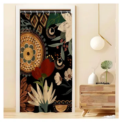 Produktbild von Duschvorhang 120x200 cm, Duschvorhang mit grünen Blättern und Boho Blumen, tropisch abstrakt, anti-schimmel, waschbar, wasserdicht, Polyester Badvorhang mit 8 Haken für das Badezimmer