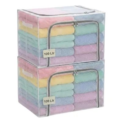 Produktbild von FALINGO Aufbewahrungsboxen Faltboxen Aufbewahrungstaschen 2x 100 Ltr stabiler Metallrahmen stapelbar Reißverschlüsse seitliche Tragegriffe transparent
