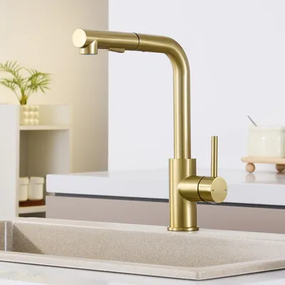 Produktbild von Küchenarmatur Edelstahl 304 Gold gebürstet 400mm Ausziehbares 360° Vollständig Drehbar Dualer Wassermodus 100% Metallfreier Wasserweg(CECIPA)