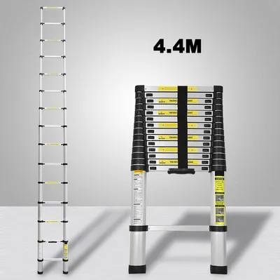 Obrázek produktu pro Fiqops teleskopický žebřík výsuvný skládací žebřík stabilní hliníkový žebřík do 150 kg 4,4 m stříbrný bez háků