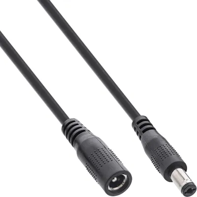 A black DC extension cable with a female connector on one end and a male connector on the other, shown against a white background.