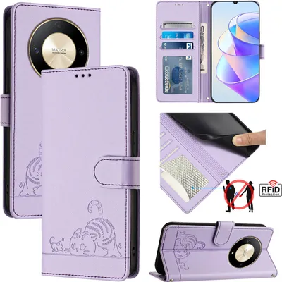 Produktbild von Leder Hülle für Honor X9b / Magic6 Lite Süße Katze Flip Case Brieftasche Schutzhülle mit Standfunktion Lila
