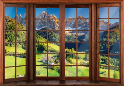 Produktbild von Vlies Fototapete Fenster Berge 416cm x 254cm inkl. Kleister Fensterblick Berge Bergblick Fenster Alpen Alpenblick Wohnzimmer Schlafzimmer Tapete Wandtapete Motivtapete