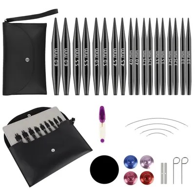 Productafbeelding van Set verwisselbare breinaalden, 8 cm, 9 naalden, 3-8 mm, 4 kabels, 20-80 cm, aluminium, zwart