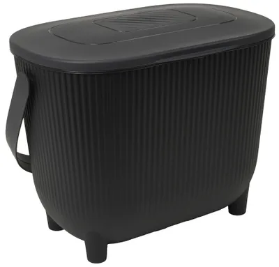 A black compost bin with a lid and a handle, shown from a slight angle on a white background.