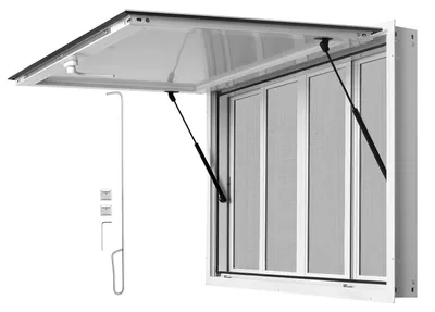 Obrázek produktu pro SucceBuy prodejní okno pro food trucky, rozměry 1143 x 762 mm, vyrobené z hliníkové slitiny. Vhodné pro prodejní stánky, výklopné až do úhlu 85°, s 4 moskytiérami, klopnou, madlem a krytem proti dešti