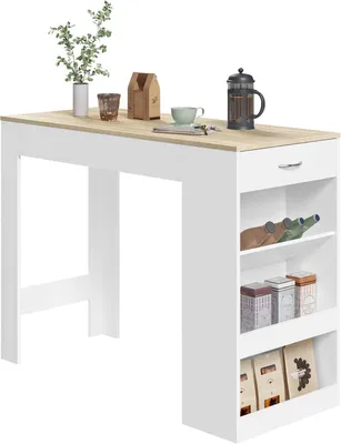 Produktbild von WOLTU Stehtisch Bartisch Bistrotisch, mit 1 Schublade 3 Ablagen, mit Weinregal, Küchentisch für Bar Küche Wohnzimmer Esszimmer Weiß + Helle Eiche