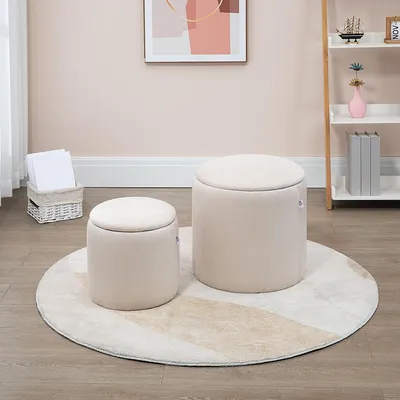 Produktbild von SUGIFT Ottomane Truhenhocker Cordbezug, Sitzhocker mit Stauraum 2er-Set, stapelbar platzsparend, Cremeweiß | Polyester | 2 Größen | 40 x 40 x 41 cm