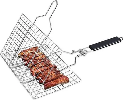 Image de Grille de cuisson portable pour poissons et légumes, support à poisson portable avec poignée amovible, grille de cuisson pour barbecue, poissons, légumes, steaks, crevettes