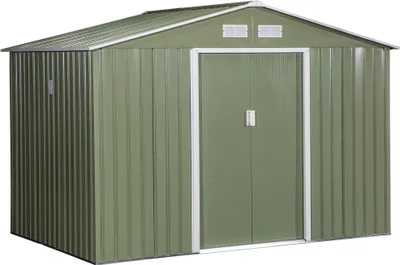 Produktbild von Outsunny Gerätehaus Hellgrün aus verzinktem Stahl mit Pultdach, 277x195x192 cm, 4.9 m², wetterfest, Schiebetür, 2 Fenster, inkl. Fundament