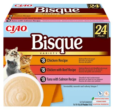 Zdjęcie produktu dla Inaba Cat Ciao Bisque 24x40g Uzupełniająca Karma Dla Kota Zupa Krem z Kurczakiem Wołowiną i Rybą