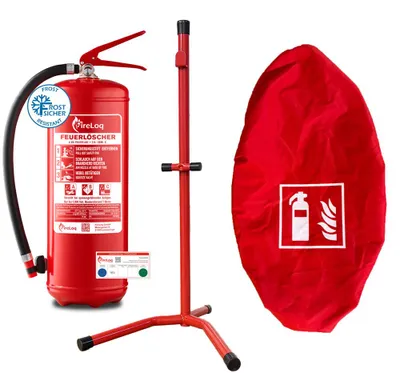 Produktbild von FireLoq® 6kg Pulver Feuerlöscher mit Ständer und roter Schutzhaube