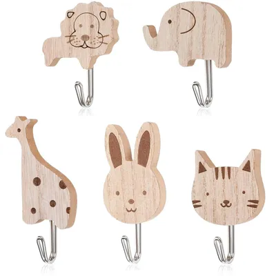 Productafbeelding van Houten dierenhaakjes voor kinderen - 5 stuks - Zelfklevende wandhaken voor kinderkamers en slaapkamers