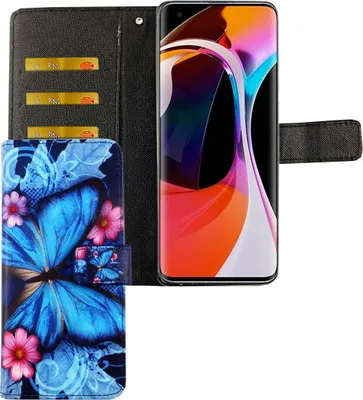 Produktbild von Xiaomi Mi 10 Tasche Handy Hülle Schutz-Cover Flip-Case mit Kartenfach, Farbe:Schmetterling Blau