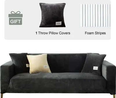 Obrázek produktu pro Sametový potah na pohovku 4 Seater- Soft Stretch Couch Cover Anti Slip Sofa Cover Plush Sofa Slipcovers with 1 Cushion Cover for Living Room, Dark Grey, 4 Seater