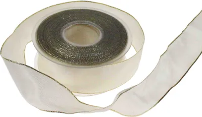 Produktbild von 25m Taftband Goldkante B40mm Drahtkante Dekoband Schleifenband Weihnachten, Farbe:creme