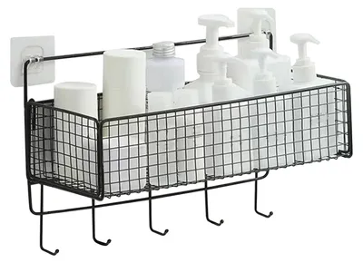 Obrázek produktu pro Nástěnný úložný košík, multifunkční závěsný organizér z kovu s háčky, vhodný do kuchyně nebo koupelny, černý