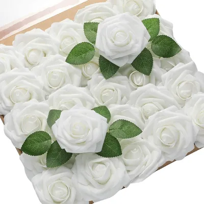 Produktbild von 50 Stück Künstliche Blumen Rosen Kunstblumen Rosenköpfe Gefälschte für Geburtstagsdeko, Hochzeitsdeko, Party Deko (Weiß)