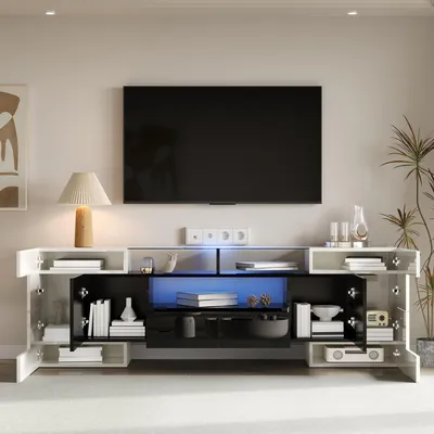 Immagine prodotto di Mobile TV Merax con illuminazione a LED, mobile TV lucido a 6 ante, mobile TV basso da salotto con 2 cassetti e piano in vetro, bianco + nero
