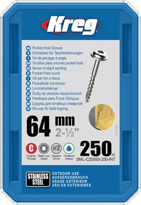 Produktbild von Kreg Pocket-Hole Schrauben 64 mm, Edelstahl, Maxi-Loc, Grobgewinde - 250Stk.