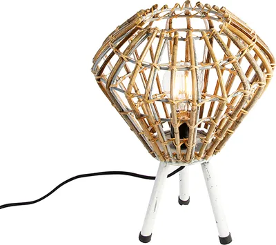Produktbild von QAZQA - Landhaus I Vintage Ländliches Tischlampen-Stativ Bambus mit Weiß - Canna Diamond I Wohnzimmer I Schlafzimmer - Bamboo Rund - LED geeignet E27