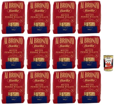 Produktbild von Barilla Al Bronzo Mezze Penne Rigate 12x500g – rau & bronzgezogen für extra Saucenhaftung, italienische Hartweizen-Pasta Vorratspack + Italian Gourmet polpa
