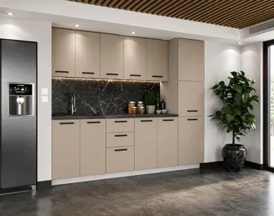 Produktbild von ULWEHOME | Küchenzeile 260 cm Kaschmir, Küchenmöbel-Set Beige mit Vorratsschrank, Spülenschrank & geteilten Arbeitsplatten 120 cm, KI-generiertes Bild