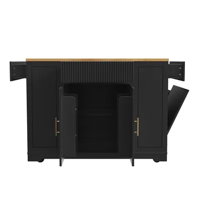 Produktbild von Flieks Servierwagen Kücheninsel mit Abfallbehälterfach, Küchenschrank Speisewagen mit 3 Schubladen und 2 Türen, 120 x 50 x 92 cm, Schwarz