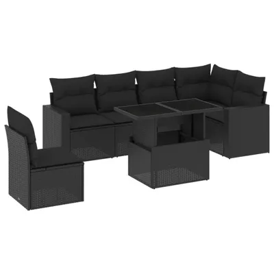Produktbild von 7-tlg. Gartenmöbel-Set, modulare Sofagarnitur mit verstellbarem Tisch, Poly Rattan Schwarz, UV-beständig, abnehmbare Kissenbezüge